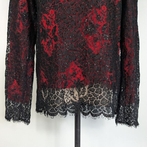Silk Lace Top Blouse S Black Red Vintage Goth Overlay Holiday Christmas 10 - Picture 1 of 10